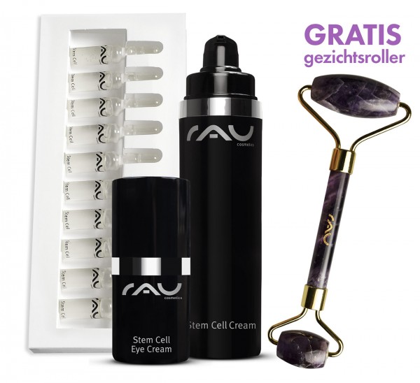 RAU Verzorgingsset Stem Cell Cream, oogcrème, ampullen + gratis Amethist gezichtsroller
