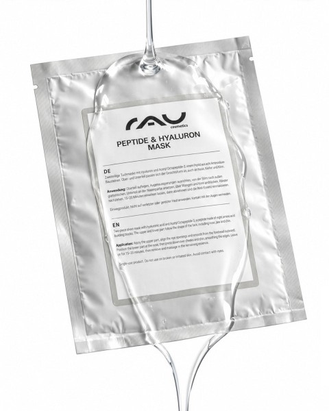 RAU Peptide & Hyaluron gezichsmasker 2-delig vliesmasker in zilverkleurige sachetverpakking met transparante gel